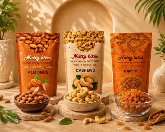 Nutty Bites Premium Dry Fruits Combo
Almonds • Cashews • Raisins
Healthy Snacking for Every Moment ✨
Crunchy, Fresh & Full of Natural Energy 🌿